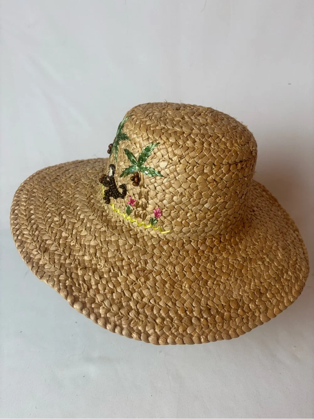 Woven Straw Raffia Sun Hat Beaded Monkey Embroidered Palm Trees Women’s Beach